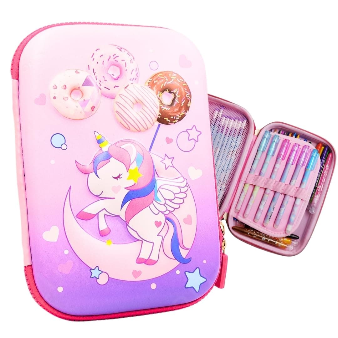 PLUSPOINT 3D Unicorn Pencil case Large Capacity Premium Stylish EVA Case Embossed Compass, School Supply Organizer for Students, Stationery Box, Cosmetic Zip Pouch Bag (Big Unicorn-Pink)