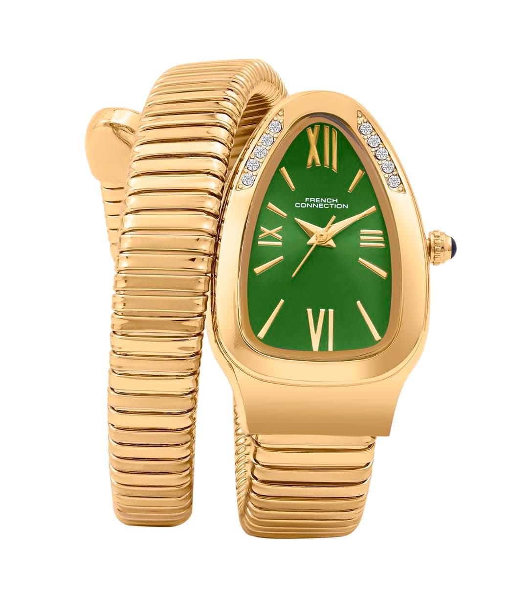 French Connection Eternelle Curve | Green Dial with Rose Gold Case | Flexible Wrap Bracelet Strap | Crystal Accent Design | Roman Numerals Analog Watch for Women - FCN0142NGM