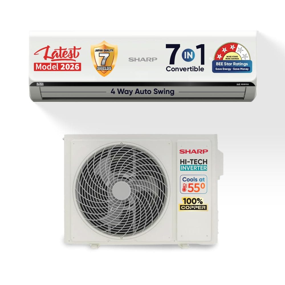 Sharp 2 Ton 3 star, New Star Rated, Split AC (4 Way Swing, 100% copper, Hi-Tech Inverter Compressor, 7 in1 Convertible, Turbo cool, Dust filter) - AH-SI24V3B-SCN, White