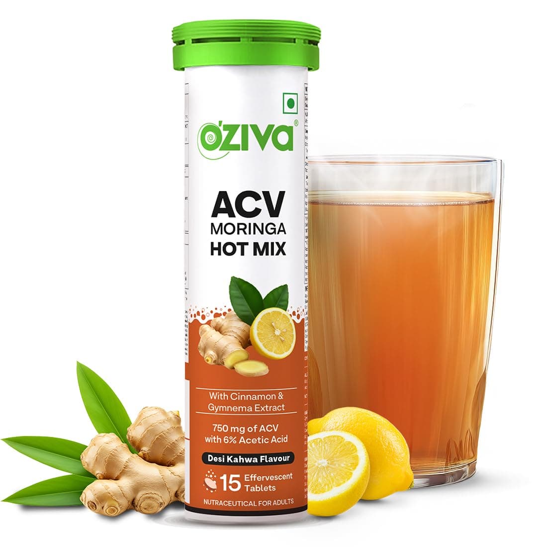 OZiva ACV Moringa Hot Mix | Control Cravings & Boost Metabolism | Apple Cider Vinegar, Gymnema, Cinnamon, Moringa | Desi Kahwa - 15 Effervscent Tablets.