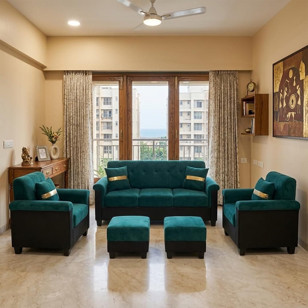 FURNY Woodswave 5 Seater Sofa Set with Velvet Fabric, 3+1+1+2 Puffy Sofa Set for Living Room (Teal-Black) Durable & Comfortable | Ideal for Living Room