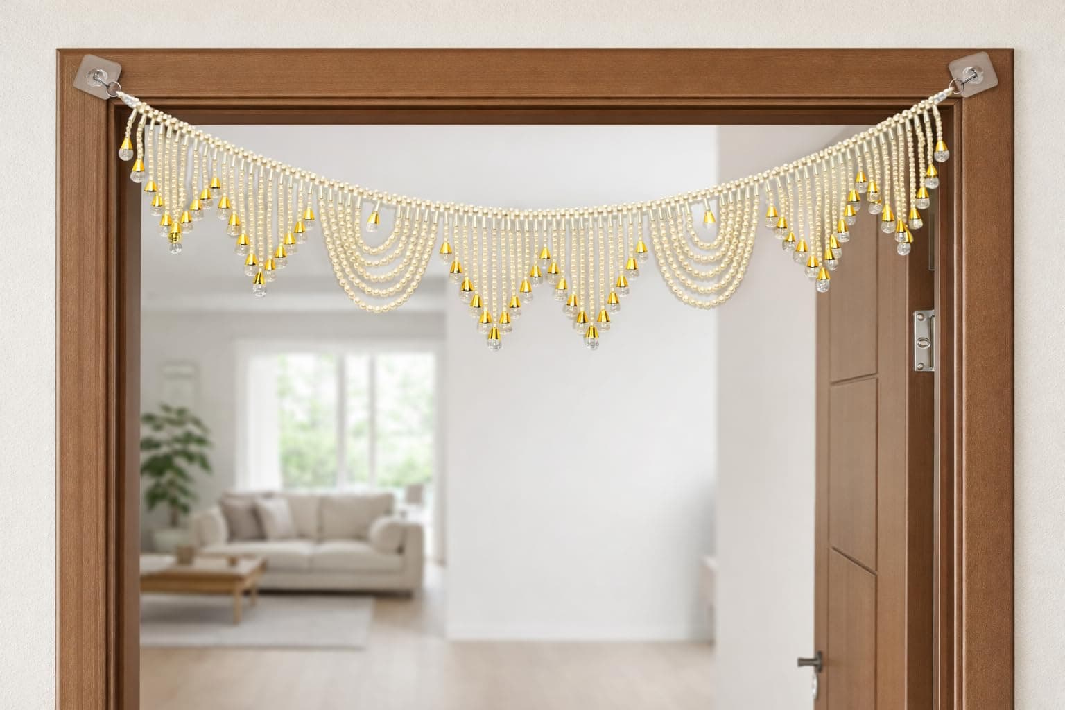 Pearl Beaded Door Toran for Home Decoration | Handmade Moti Bandhanwar with Golden Drops | Wall & Mandir Hanging for Festive Decor, Diwali, Pooja, Wedding (1 Piece)