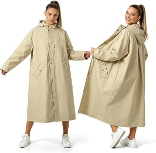 PALAY Raincoat for Women Waterproof Full-Length Hooded Rain Poncho Beige Oversized Long Rain Jacket with Snap-Button&Pockets Trench-Style Rainwear for Hiking, Travel, Motorcycle Riding