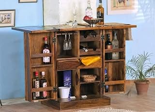 THE WOODEN CITY Solid Sheesham Wood Bar Cabinet Wine Storage Rack with Drawer & Glass Holder, Wooden for Home and Bar Furniture (Honey2door, Standard)