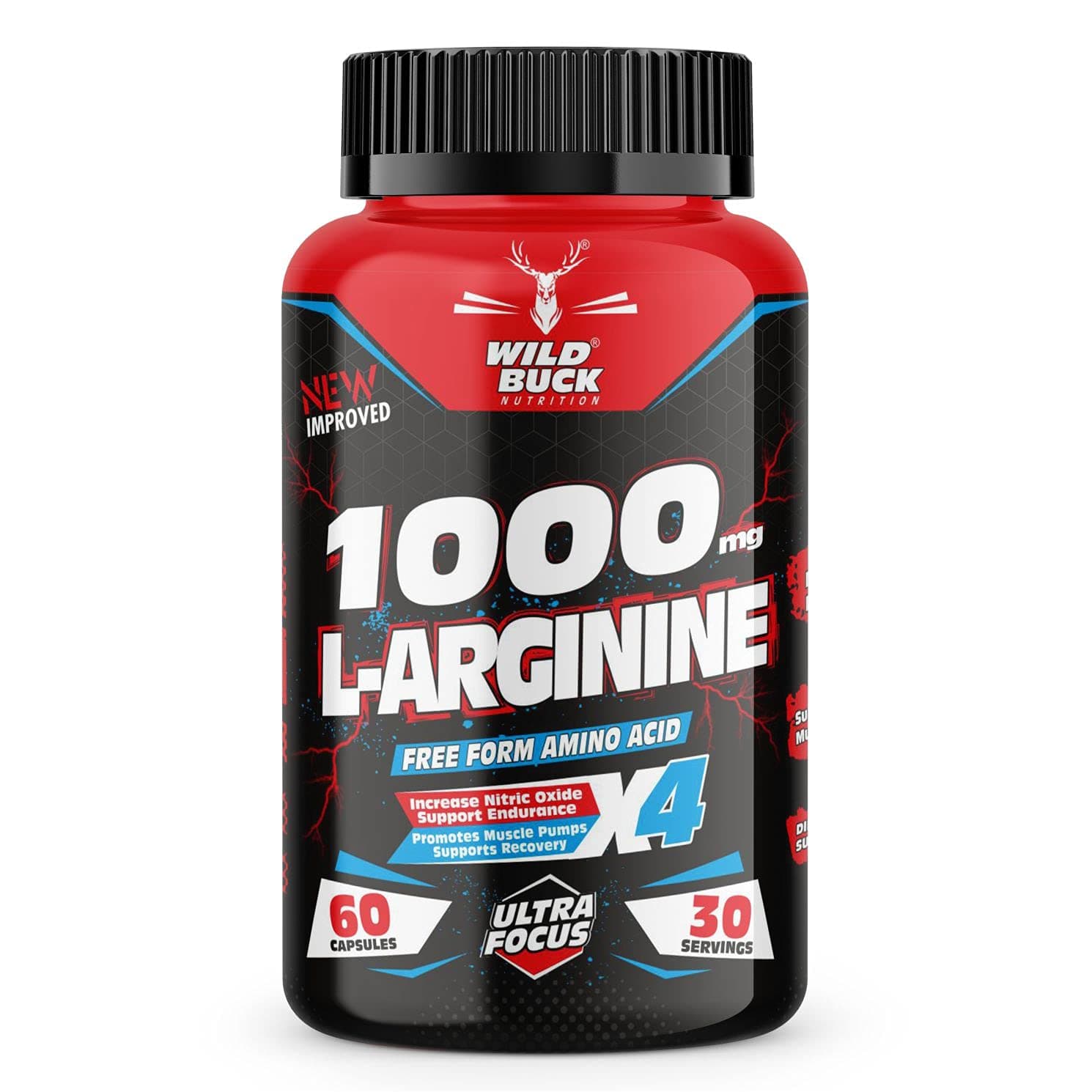 WILD BUCK L Arginine 1000mg Nitric Oxide Precursor Supplement for Massive Pumps, Maximum Vascularity and Muscle Growth, Stamina, Recovery | Essential Amino Acids | Powerful NO Booster - 60 Caps