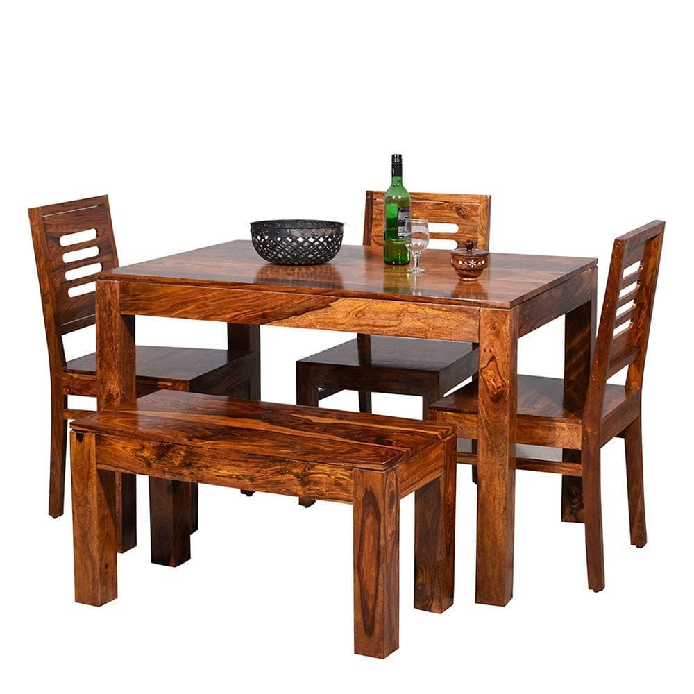 Ramdoot Furniture Solid Sheesham Wood Dining Table Set 4 Seater | Four Seater Dining Table 4 Seater with 3 Chairs & 1 Bench for Living Room | 4 Seater Dining Set for Hotel and Restaurant | Honey