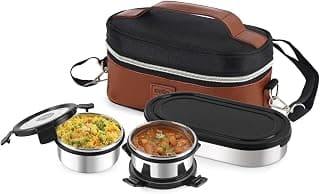 CELLO MF President Stainless Steel Lunch Box with Bag, Black Leatherite | 2 x 300ml Round Steel Container, 1 x 500ml Oval Container | BPA Free, Air Tight Clip Lock, Rust & Leakproof Office Tiffin Box