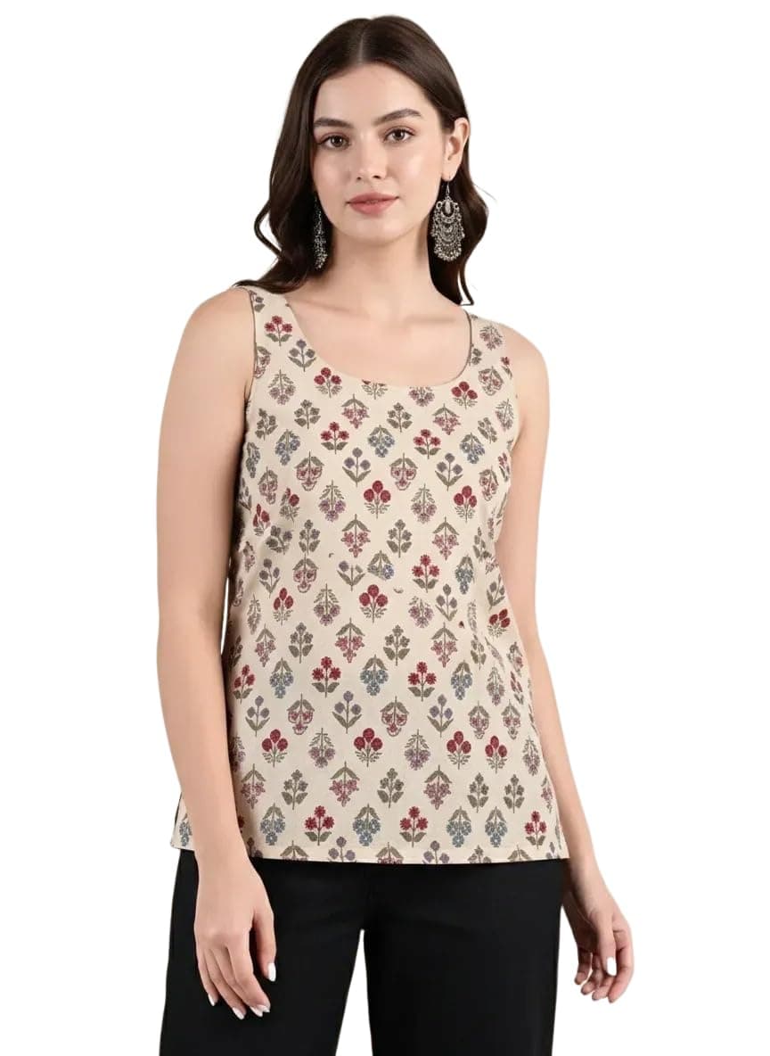 Pinkmint Kurti for Women Printed Sleeveless Women's Kurti Top with Back Tie-Up | Cotton Blend Ethnic Fusion Women Top for Office Wear, Casual Wear, Beach College, Festive & Party Look