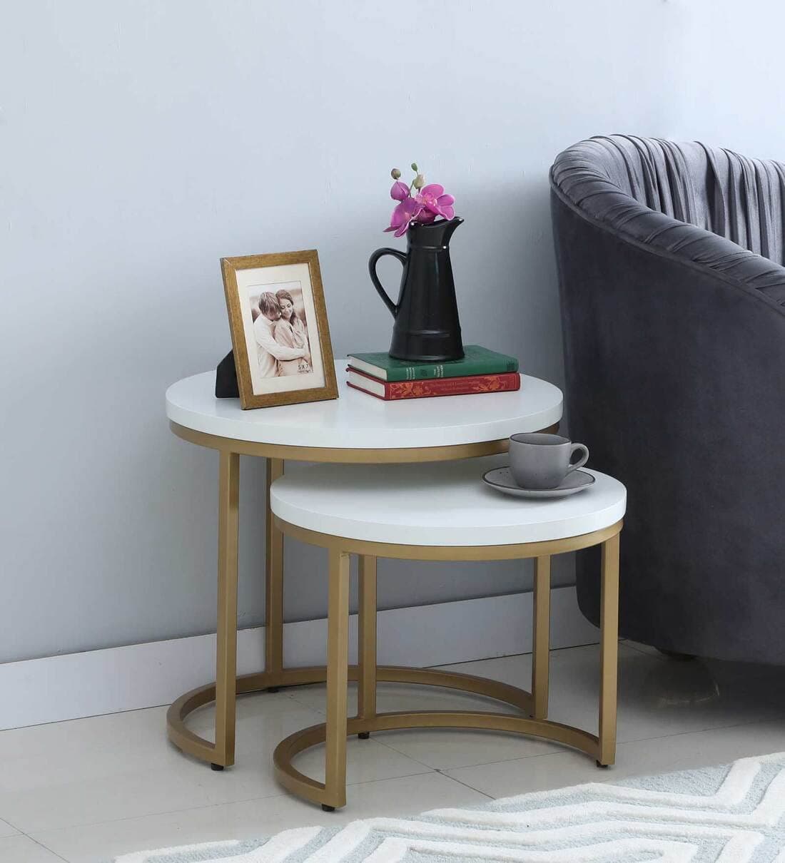 Priti - Golden Coffee Table with White Table top - Set of Two (Engineered Wood)