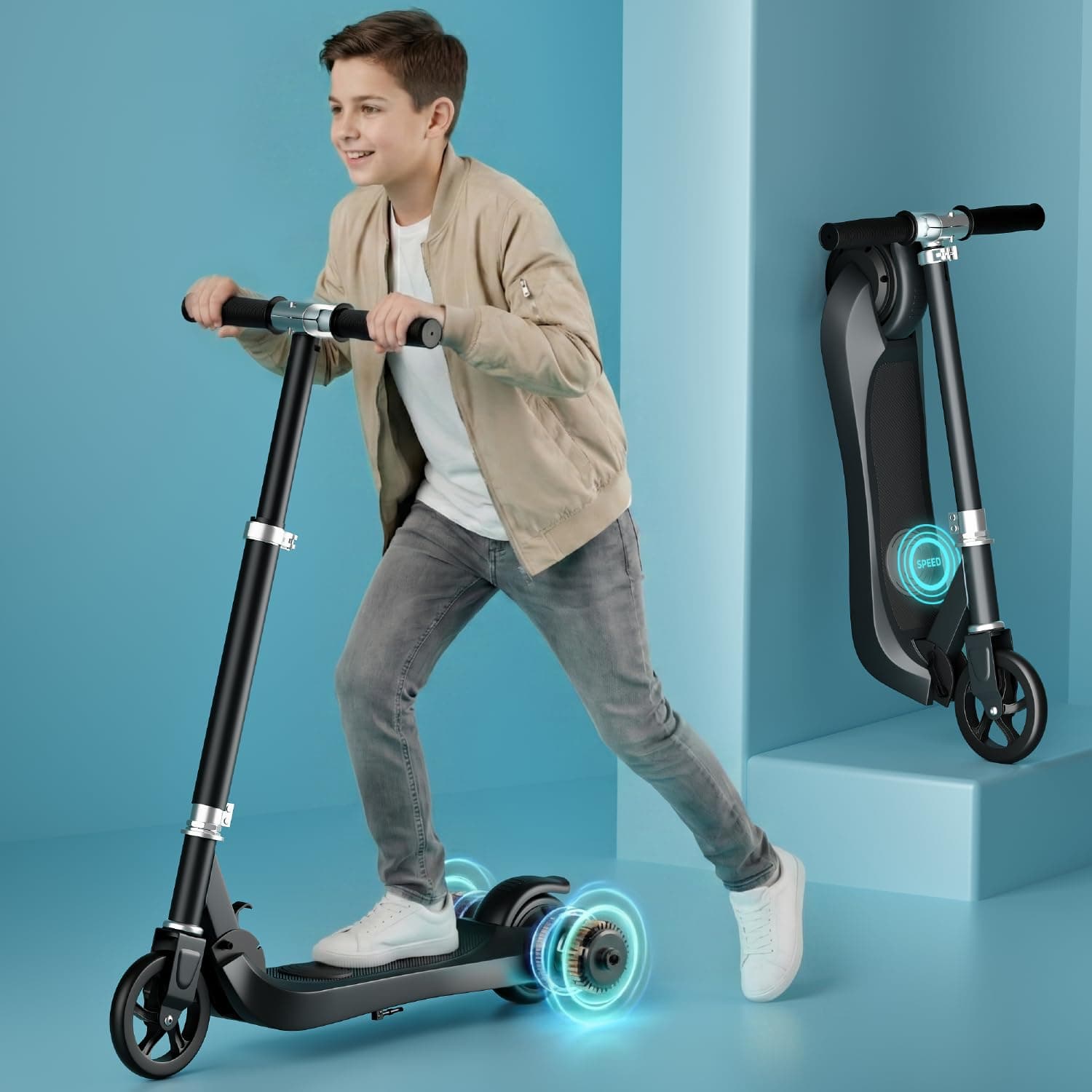 Lifelong Kids Electric Scooter for 6-12 Years Age | with Rechargeable Battery, Adjustable Handle Height & Foldable Design | Safe Kids Scooter with Anti-Slip Deck (Black)