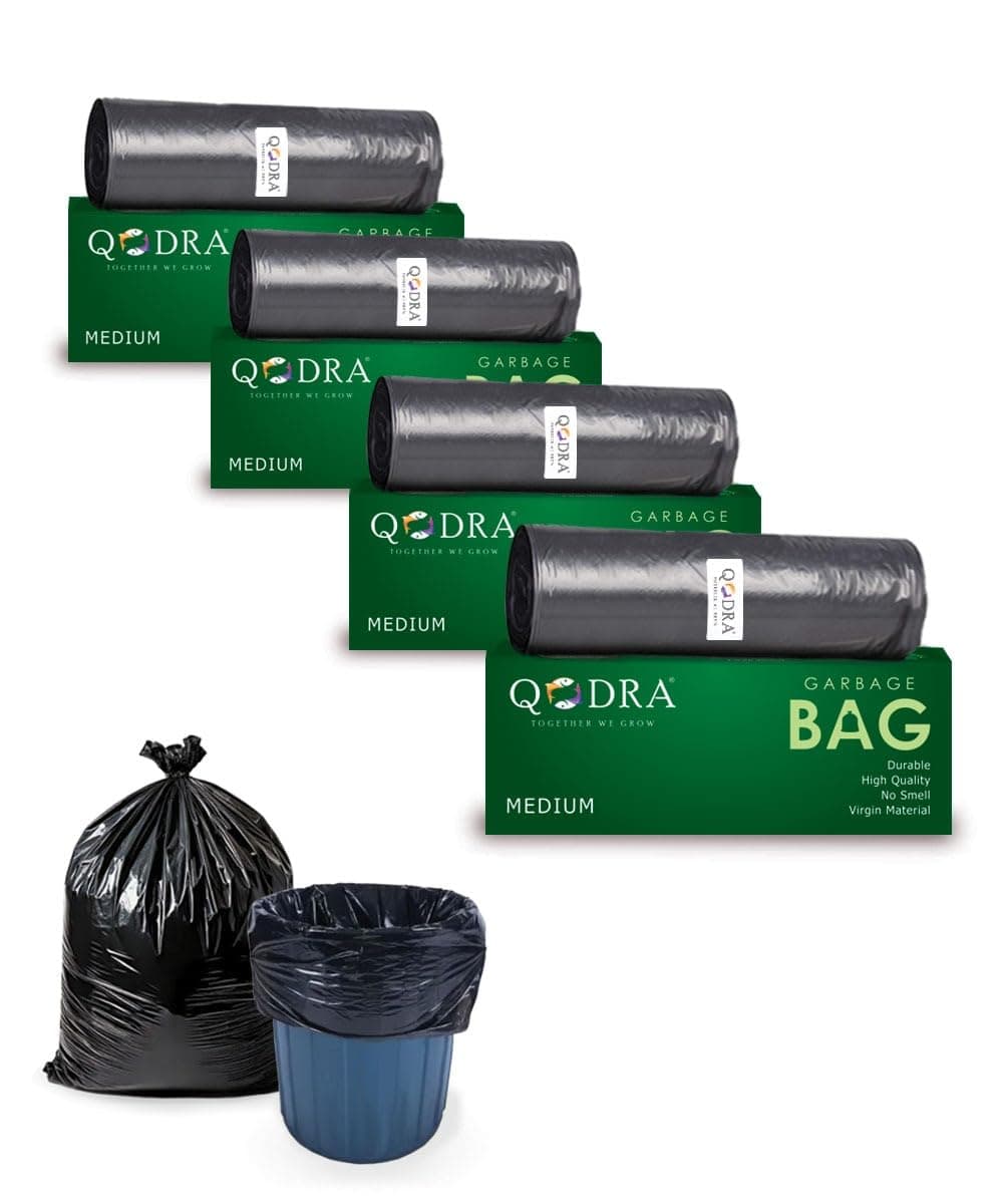 Qodra Garbage Bag | Medium Size 19"X22" | 4 Rolls | 30 Pieces Each | 120 Count | Black | Pack of 4 | Trash Bag Unscented Leak-Proof, Strong | Dustbin Bags for Home, Office & Kitchen