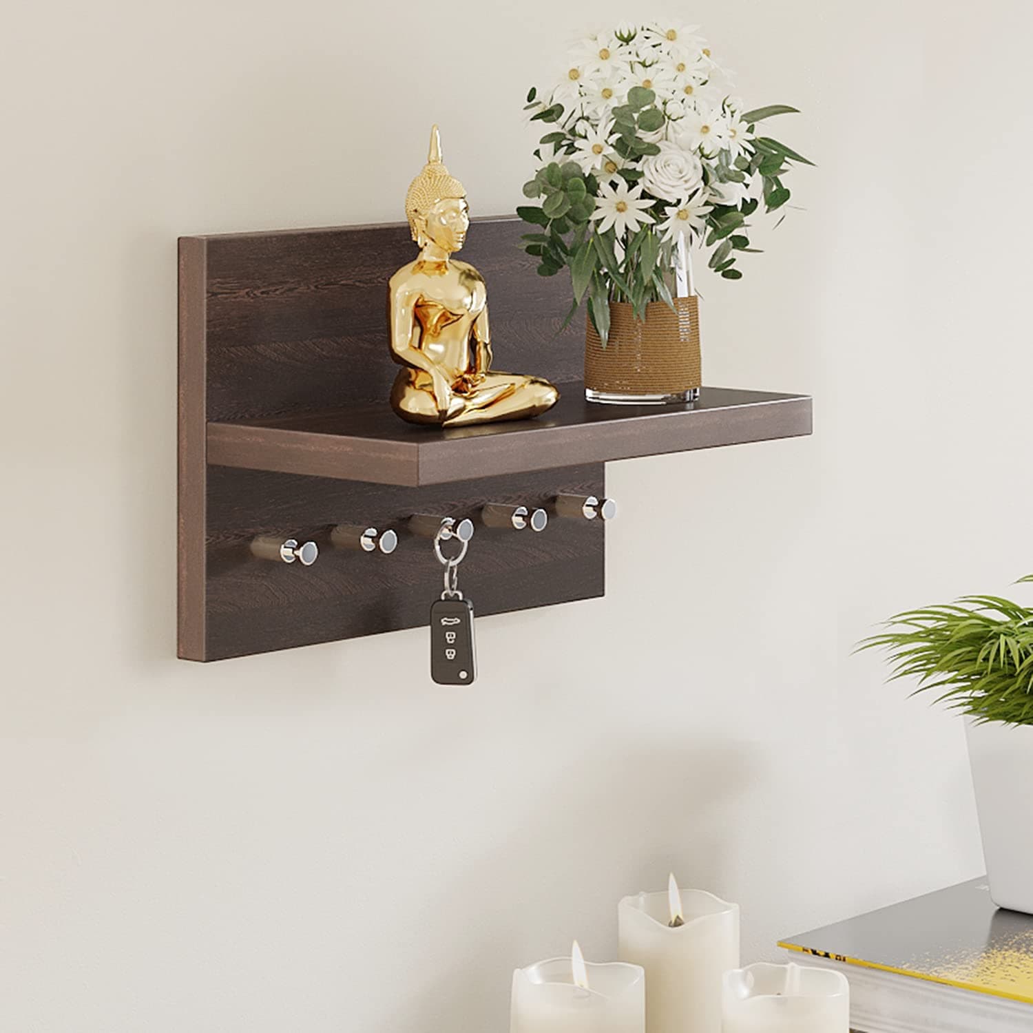 BLUEWUD Skywood Engineered Wood Wall Mounted Decor Key Holder Hanger with 5 Hooks for Living Room Home Furniture (Key Hooks- for 5 Keys) (Wenge)