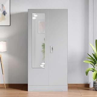 Interio by Godrej Almirah Slimline 2-Door Steel Almirah, Cupboard for Clothes (Royal Ivory), 1-Year Warranty, 1 Locker, 4 Shelves and Star Design Mirror
