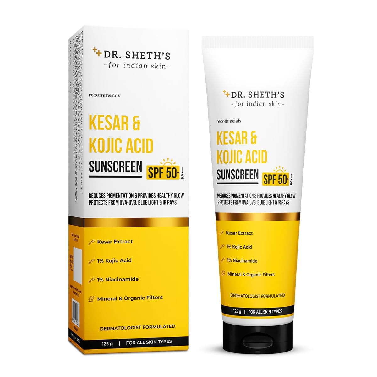 Dr. Sheth's Kesar & Kojic Acid Sunscreen SPF 50+ Pa++++ | With 2% Kojic Acid | For Pigmentation-Free Skin | Lightweight & Non Greasy | For UVA/UVB & Blue Light & IR Protection | No White Cast | For All Skin Types | For Men & Women | 125 g