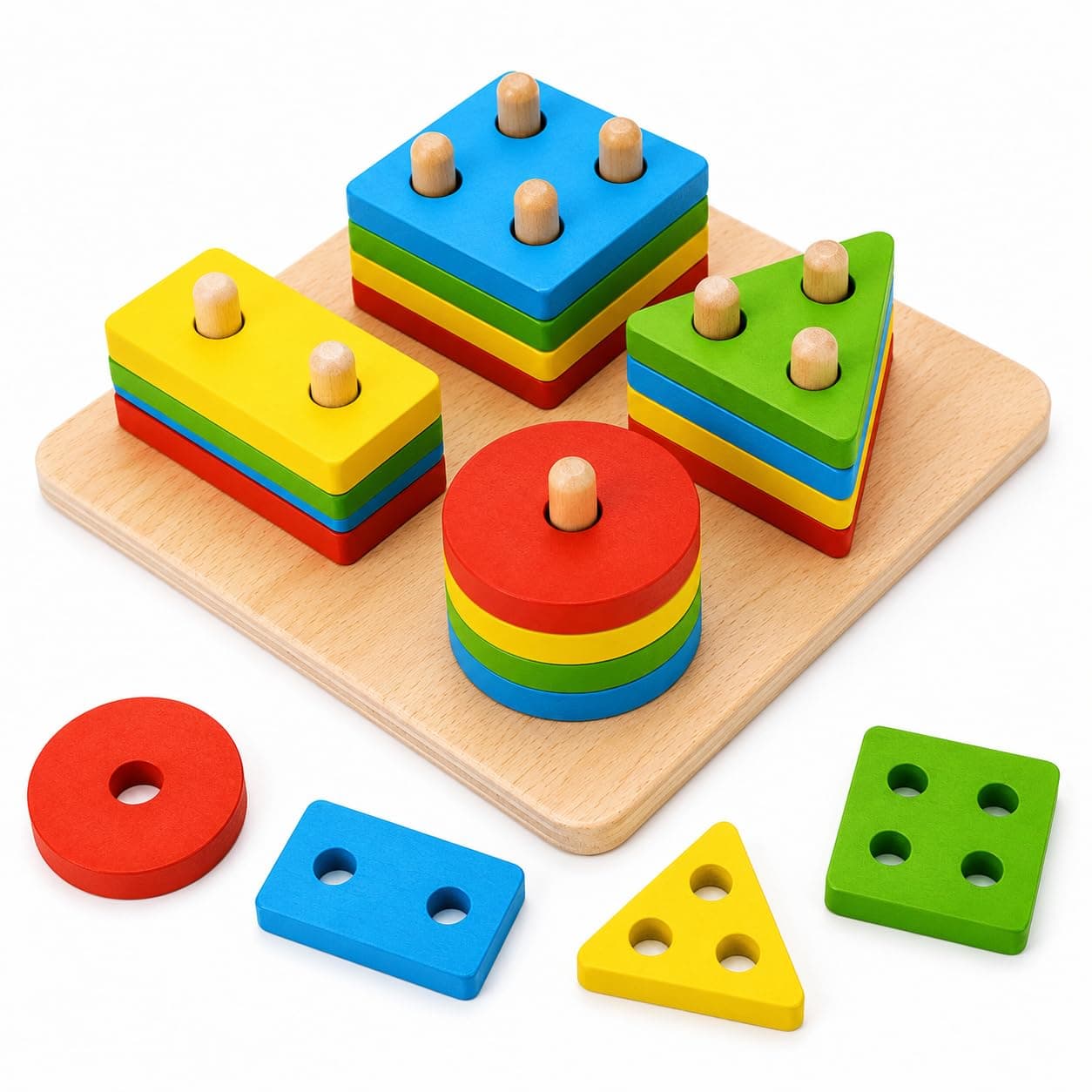 PLUSPOINT Wooden Geometric Shape Sorter Toy – 4 Angle Blocks Sorting & Stacking Educational Puzzle for Toddlers Kids Age 1-3 Years