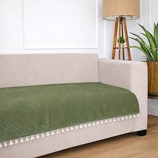 STITCHNEST 3 Seater Quilted Velvet Sofa Cover with Tassels | Elegant Olive Sofa Protector for Living Room | Soft, Washable | Perfect for Enhancing Living Room Interiors