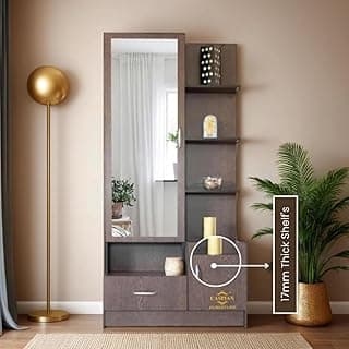 CASPIAN Engineered Wood Single Door Wooden Vanity Dressing Table (Brown) | Pre-Assembled Furniture with Mirror | Makeup & Accessories Storage Organizer with 4 Shelves, 1 Cabinet & 1 Drawer
