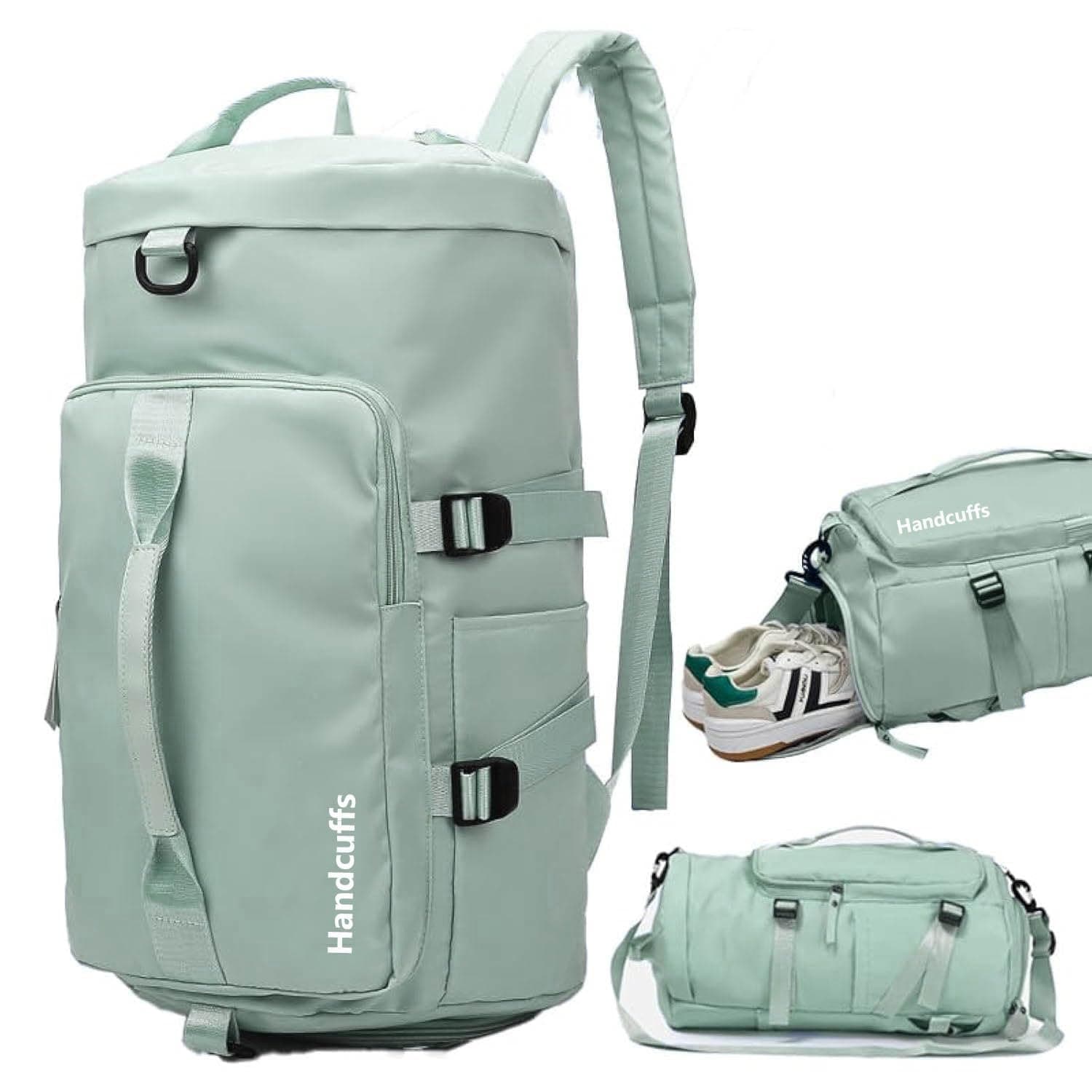 Handcuffs 60L 3-in-1 Duffle Bag for Travel & Gym | Convertible Backpack/Rucksack with Separate Shoe Compartment | Water-Resistant Luggage Weekender Bag for Men & Women (Green)