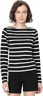 VERO MODA Women's Cotton Striped Regular Fit Full Sleeves T-Shirt