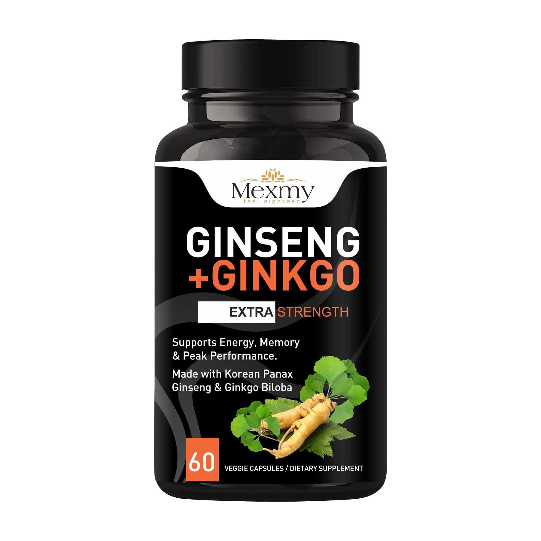 Mexmy Panax Ginseng & Ginkgo Biloba Supplement - Red Korean Ginseng & Ginko Biloba Capsules for Men & Women - Supports Memory Focus & Brain Function - 60 Count