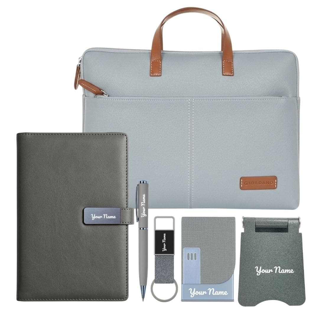 Giftana 6 in 1 Laptop Bag with Personalized Diary and Pen, Keychain, Card Holder, Mobile Stand with Name, Customized Doctors Day Gift, Diwali Corporate Gift for Employees (Grey)