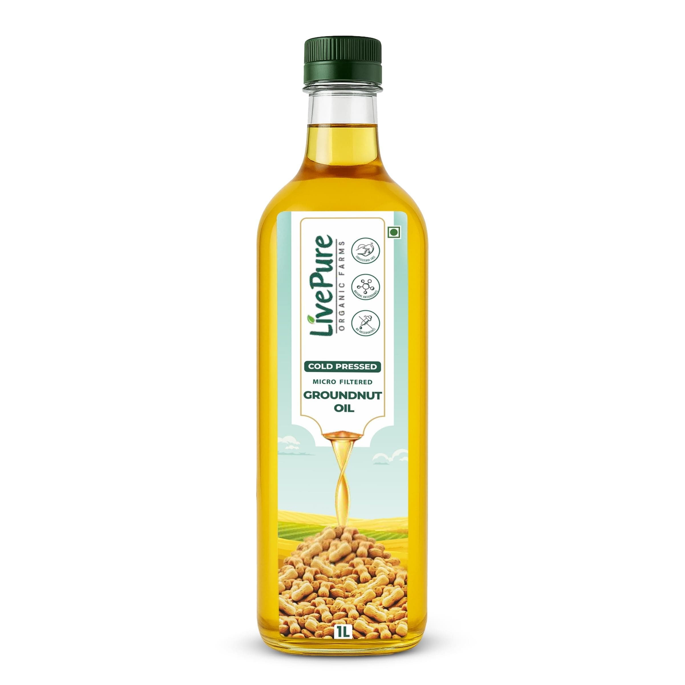 Livepure Cold Pressed Groundnut Oil 1 Litre (PET Bottle), Kacchi Ghani Mungfali Tel | Chemical Free| Cholesterol Free | Micro Filtered | Healthy Unrefined oil