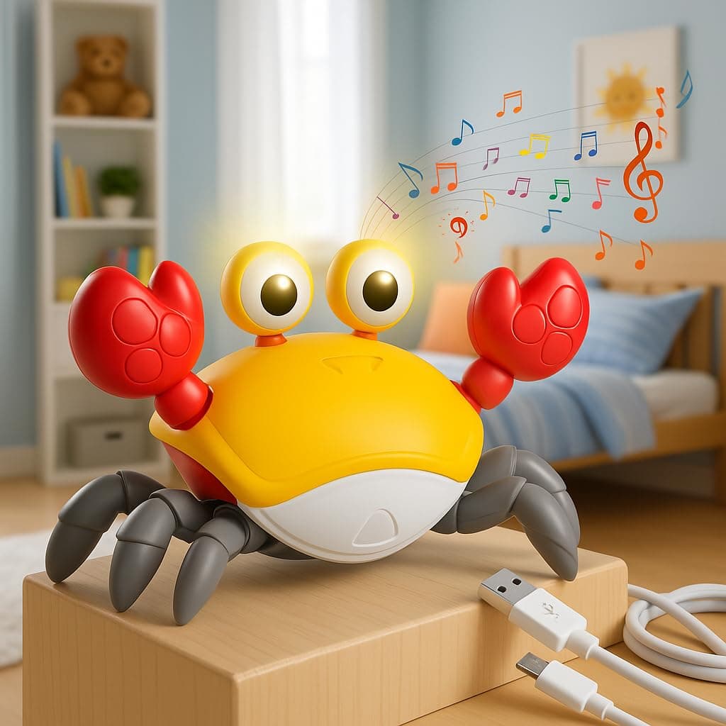 Storio Rechargeable Crawling Crab Baby Toddlers Toy for Kids Infant Tummy Time | Interactive Moving Toys for Babies 12 Months Electric Sensor Musical Dancing Walking Crab Toy Gift for Kids 1 2 3 Year