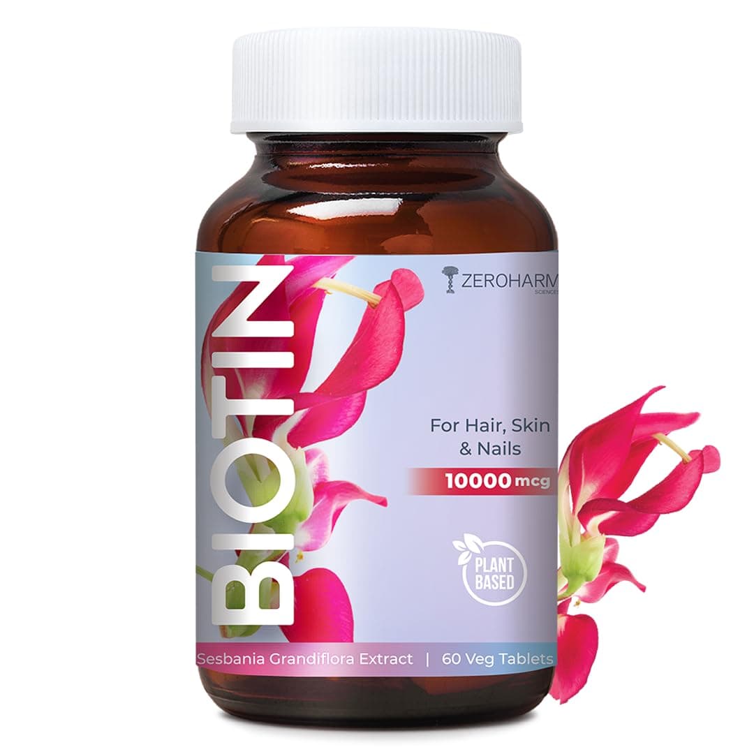 ZEROHARM Biotin Tablets for Hair Growth - 10000 mcg Vitamin B7 - Plant-Based Supplement Supports Hair Growth, Skin Hydration & Nail Strength For Men & Women - Sesbania Grandiflora - 60 Tablets