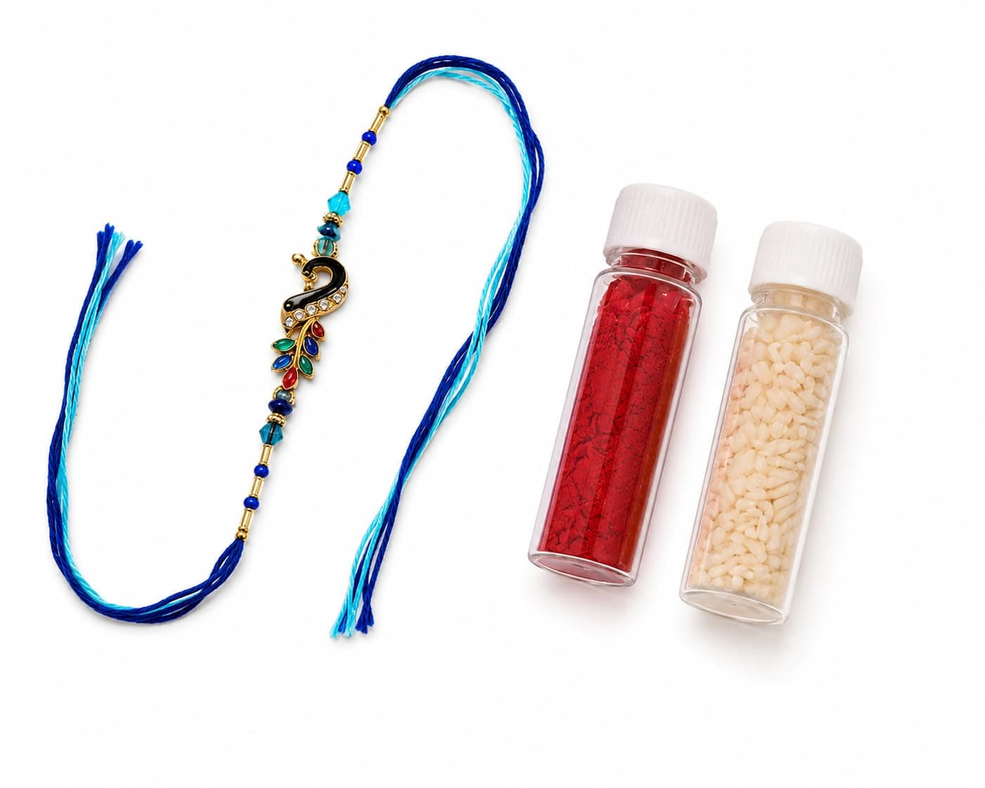 HOUZAIDE Meenakari Peacock Feather Rakhi with Roli Chawal | Blue Thread, Includes Roli Chawal, Traditional Design, Raksha Bandhan, For Boys