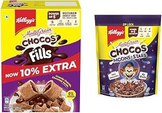 Kellogg's Chocos Fills 250g | Double Chocolaty, Anytime Snack | 3 Grains: Oats, Wheat & Rice, + Kellogg's Chocos Moons & Stars, With Whole Grain, Source Of Fibre, High In Calcium & Protein,