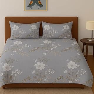 VAS COLLECTIONS 100% Cotton Feel Double Bed Bedsheet Set | 144 TC Soft & Breathable | Grey and White Flower Print with 2 Pillow Covers | Wrinkle Free | for Bedroom (90 x 90 Inches)