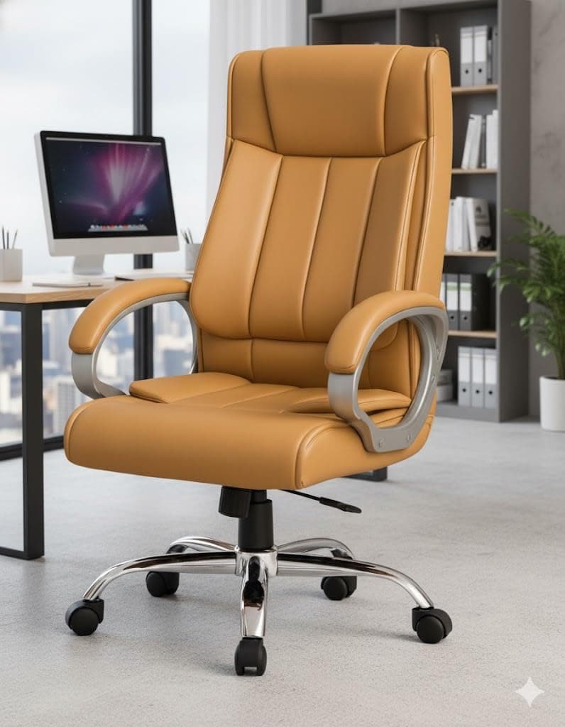 INNOWIN Profit High Back Orthopedic Boss Chair with 3 Year Limited Warranty | Leatherrite Office Chair | Ergonomic Executive Chair with Spacious Cushioned Seat | Heavy Duty Metal Base | Tan Orange