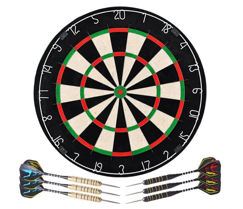RUP Bristle Dartboards Set, 18 inch Premium Sisal | Round Spider Wire DartBoard, 6 Steel Tip Darts Included, Staple-Free Bullseye, Screws for Installation