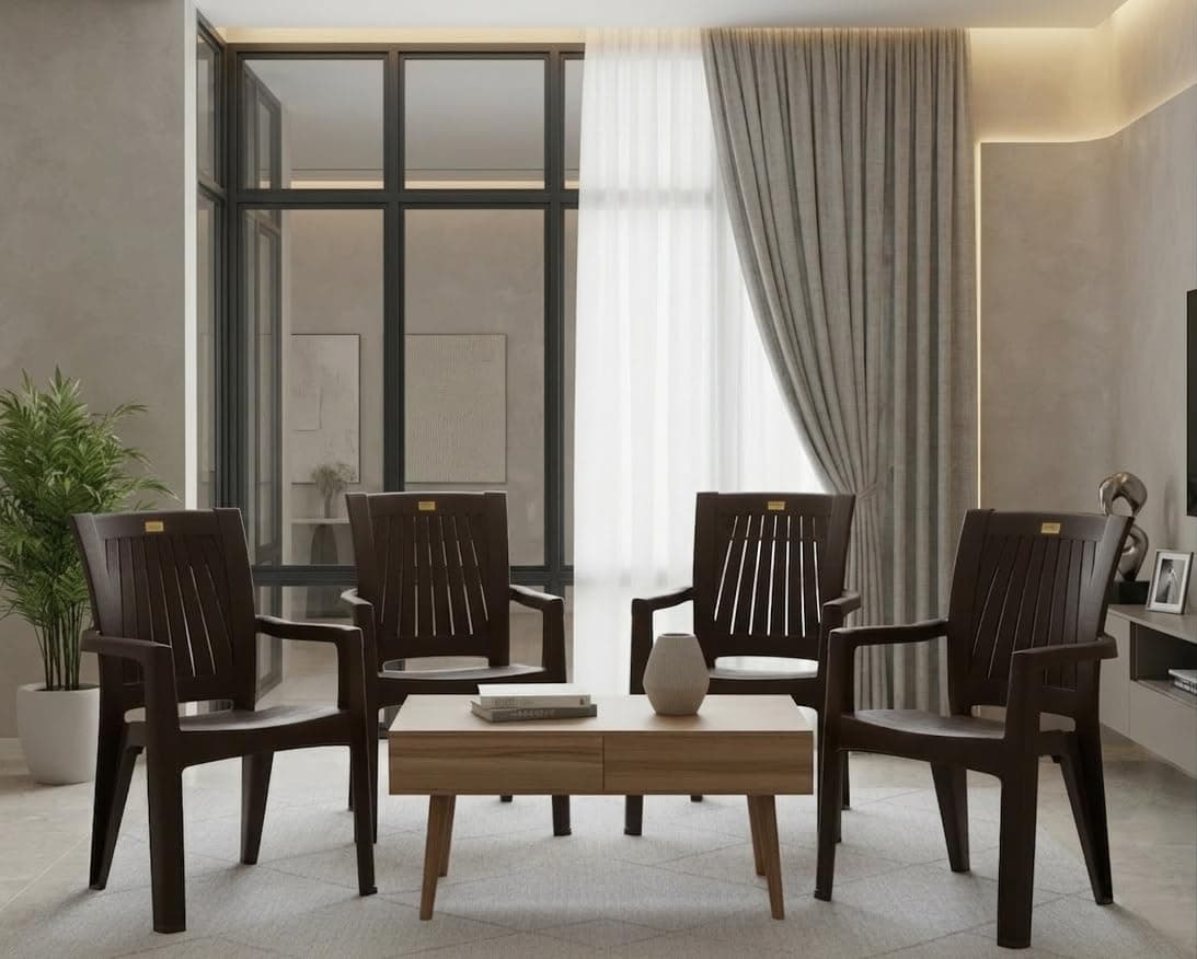 Plastic Chair Set of 4 for Home & Outdoor Use | Heavy Duty Comfortable Chair with Strong Legs | Stackable, Easy to Clean | Suitable for Living Room, Balcony (Pack of 4-Rolex | Brown)