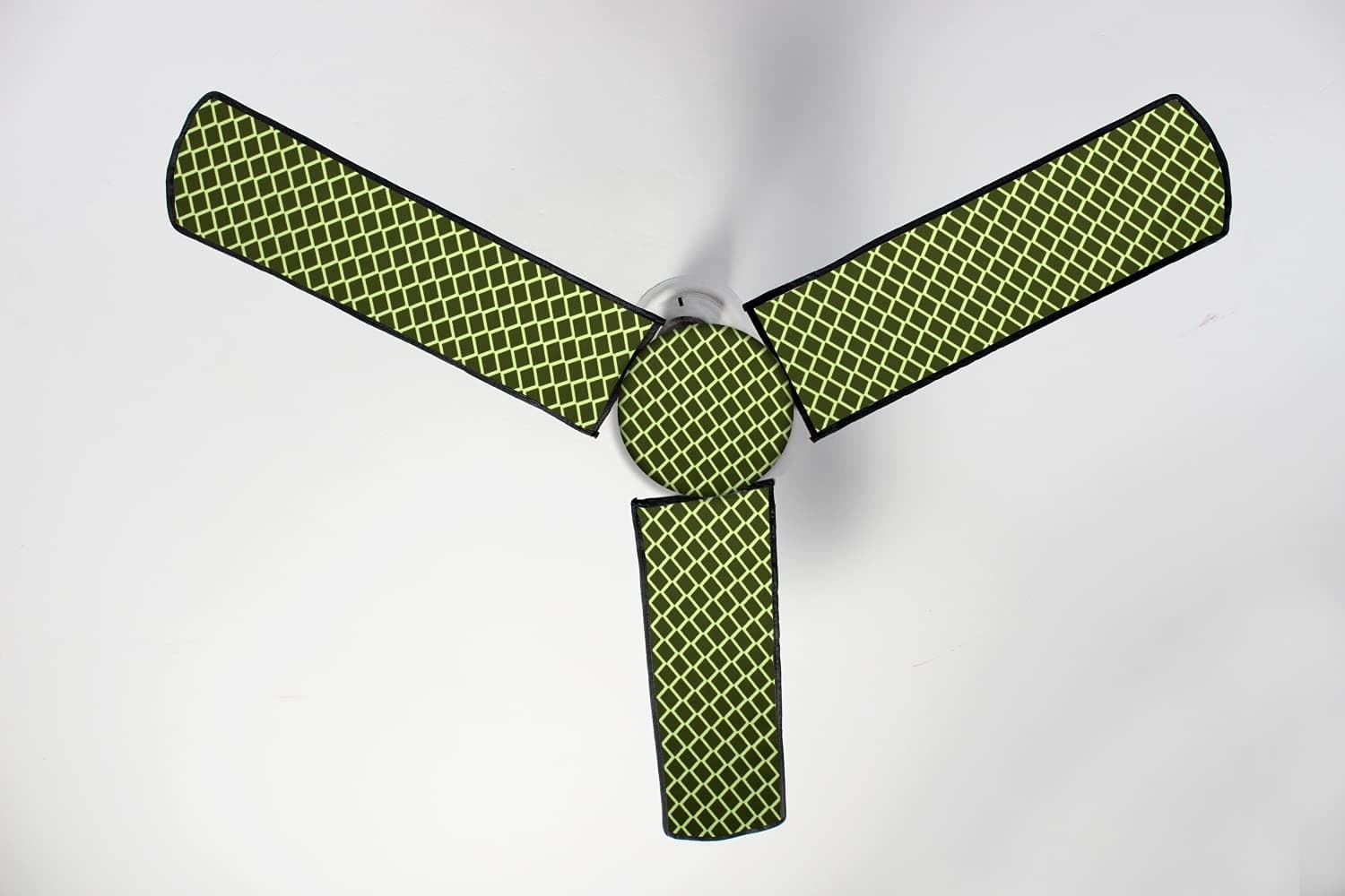 Stylista Waterproof & Dustproof Three Blade Ceiling Fan Cover with attachable Enclosure Set of 3 Fan Cover Check Military