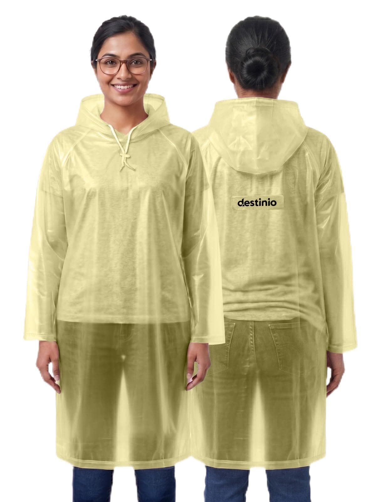 Destinio Poncho for Men, Poncho for Women-Thick Waterproof PVC, Rain Coat, Reusable - Transparent Pocket Raincoat with Hood, Full Cover for Bag in Travel, Trekking, Bike Riders