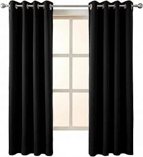 100% Blackout Window Curtains, 5 Feet, Solid Design, Faux Silk, Thermal Insulated, Noise Reducing Eyelet Door Curtain with Tie Back for Living Room & Bedroom, 115x150cm, Set of 1 - Black