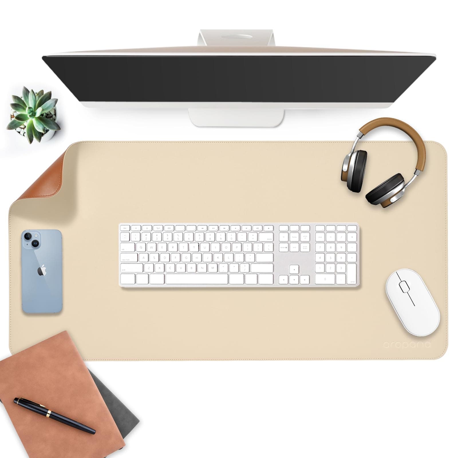 AROPANA Vegan Leather Desk Mat 80x40cm | Large Reversible Mouse Pad & Computer Table Protector | Dual-Side Waterproof Extended Laptop Pad with Edge-Stitched Design (White and Coffee)