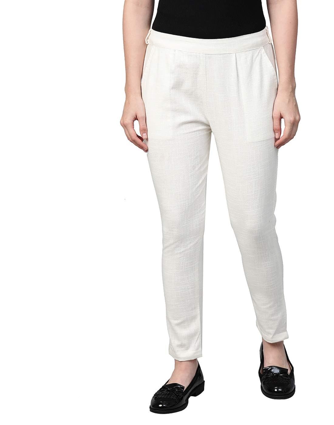 Yash Gallery Women's Regular Fit Mid Rise Solid Cotton Slub Ankle Length Regular Trouser Pant