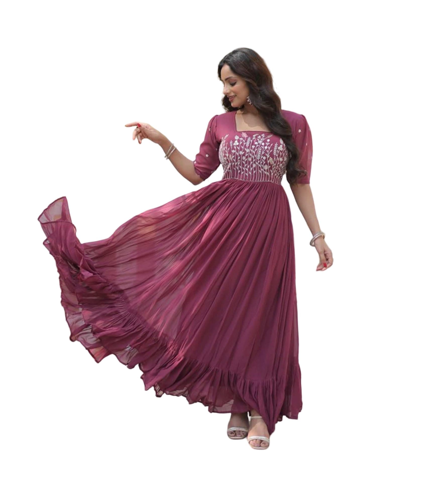LAZZLY Women's Georgette Sequence Embroidery 3/4 Sleeve Square Neck Ankle Length Anarkali Gown Kurta