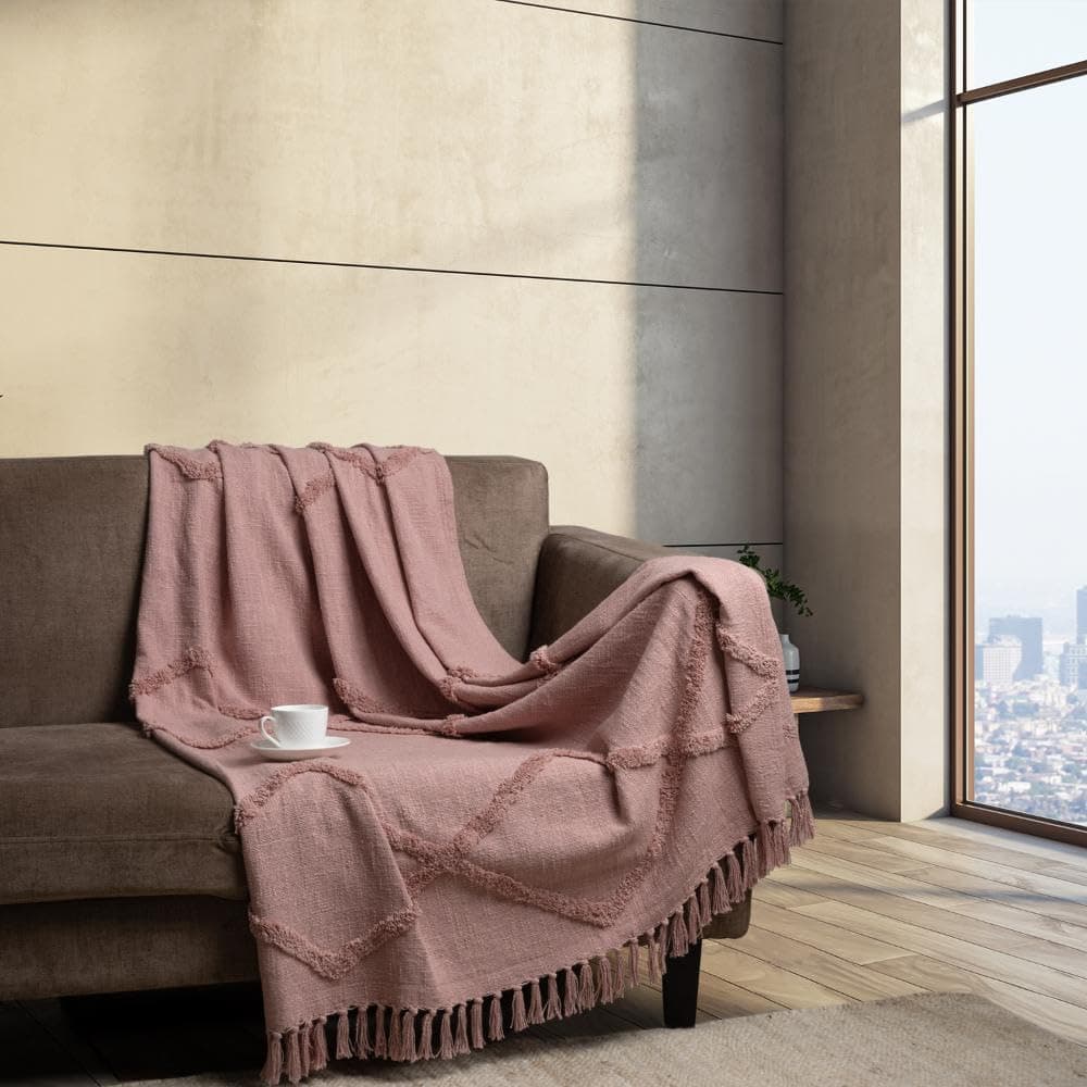 Wakefit 100% Cotton Sofa Throw | Soft & Lightweight Throw Blanket for Chair, Bed & Couch with Tassels | Machine Washable | Mellow Rose | 50x60 Inches | Pack of 1