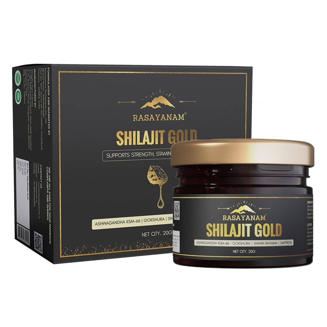 Rasayanam Shilajit Gold Resin 20g (80 Servings) | 300-500mg/serving | 75% Fulvic Acid | High Potency Shilajeet, Ashwagandha KSM66, 24 Carat Gold & Saffron | Strength & Muscle Recovery