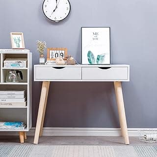Brown Art SHOPPEE Engineered Wood Desk with 2 Drawers for Small Space, Computer Desk with Storage Shelves, Makeup Vanity Desk, Modern Writing Study Table Home Office Desks for Bedroom (Whitee)