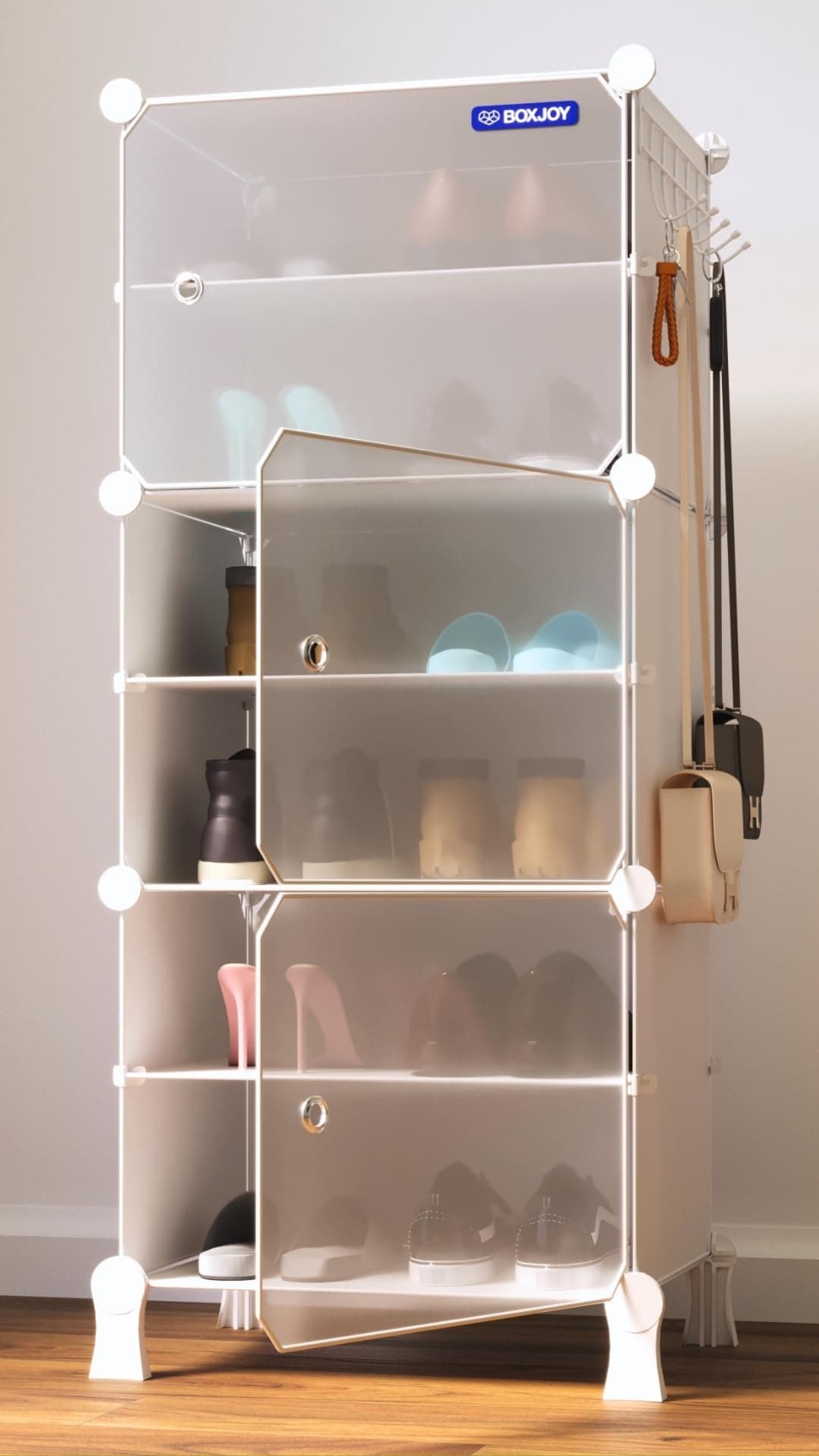 BOXJOY 6 Shelf Shoe Rack with 3 Translucent Doors, 5 Hook Steel Holder & Wooden Hammer, Home Storage PP Plastic Organizer with Metal Door Frame to Cover Chappal Slipper Sandals Shoes Box Stand (White)