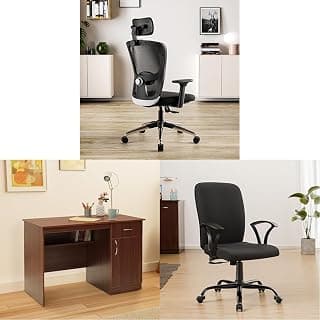 Green Soul Jupiter Superb Ergonomic Office Chair (2024, Black), Venue Study Office Table (1 Drawer, 1 Cabinet) (Rolex Brown) & Seoul X Office Chair (Black)