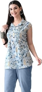 Rimika's Pure Cotton Sky Blue Floral Regular Fit Sleeveless Top with Collar, Perfect for Casual, Comfort, Daily, Formal and Ethnic Wear