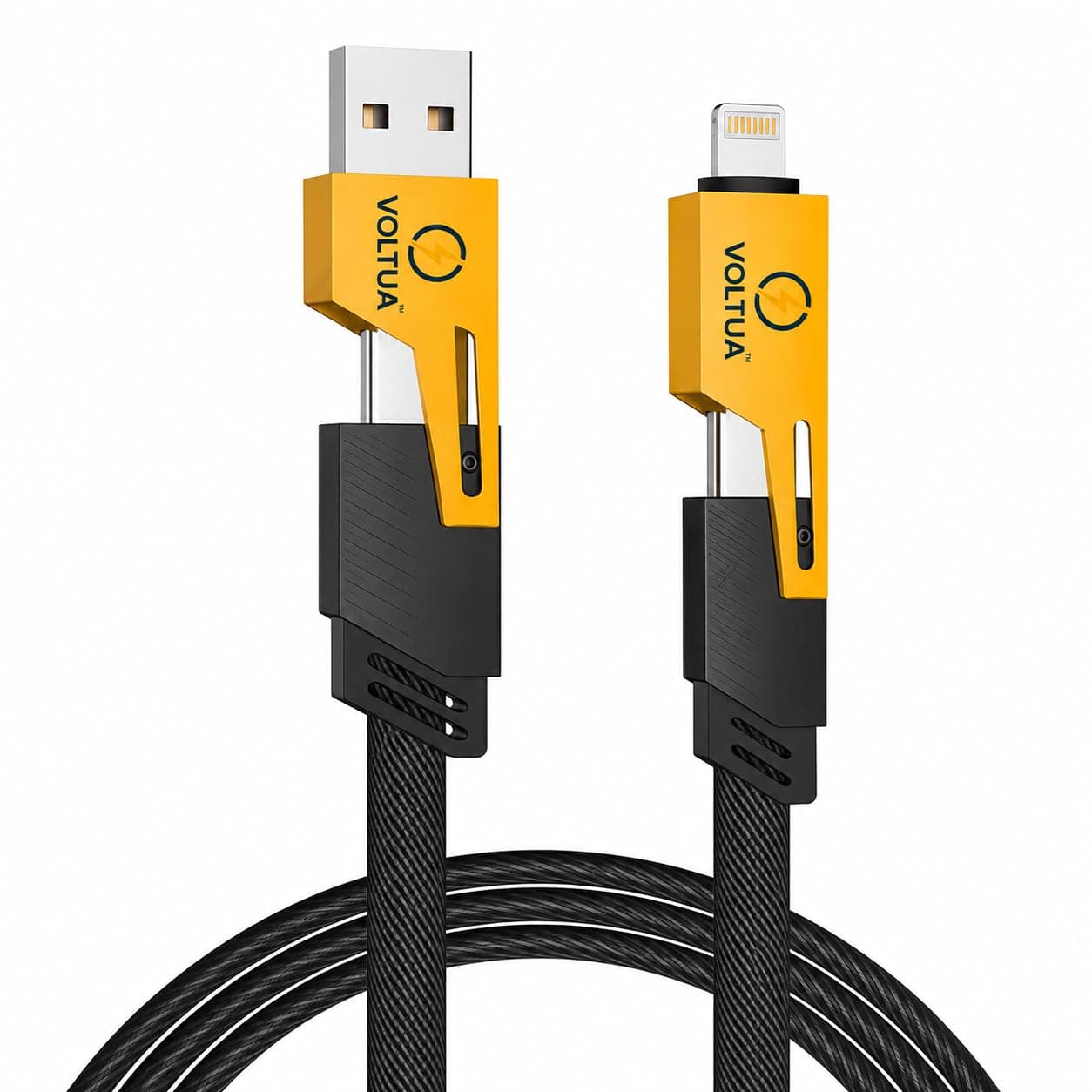 Voltua 4-in-1 65W Fast Charging Cable USB C, Lightning Nylon Braided 1.5m | 4-in-1 multi-connector: USB-C, USB-A & Lightning charge nearly every device from one cable