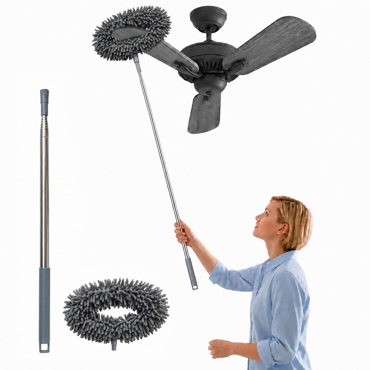 Fan Cleaner Brush with Long Rod | Telescopic Fan Cleaning Mop Microfiber Dust Cleaner | Upto 2 Meter Extendable Duster for Home Cleaning Microfiber Duster for Cleaning of Home Kitchen Car Ceiling