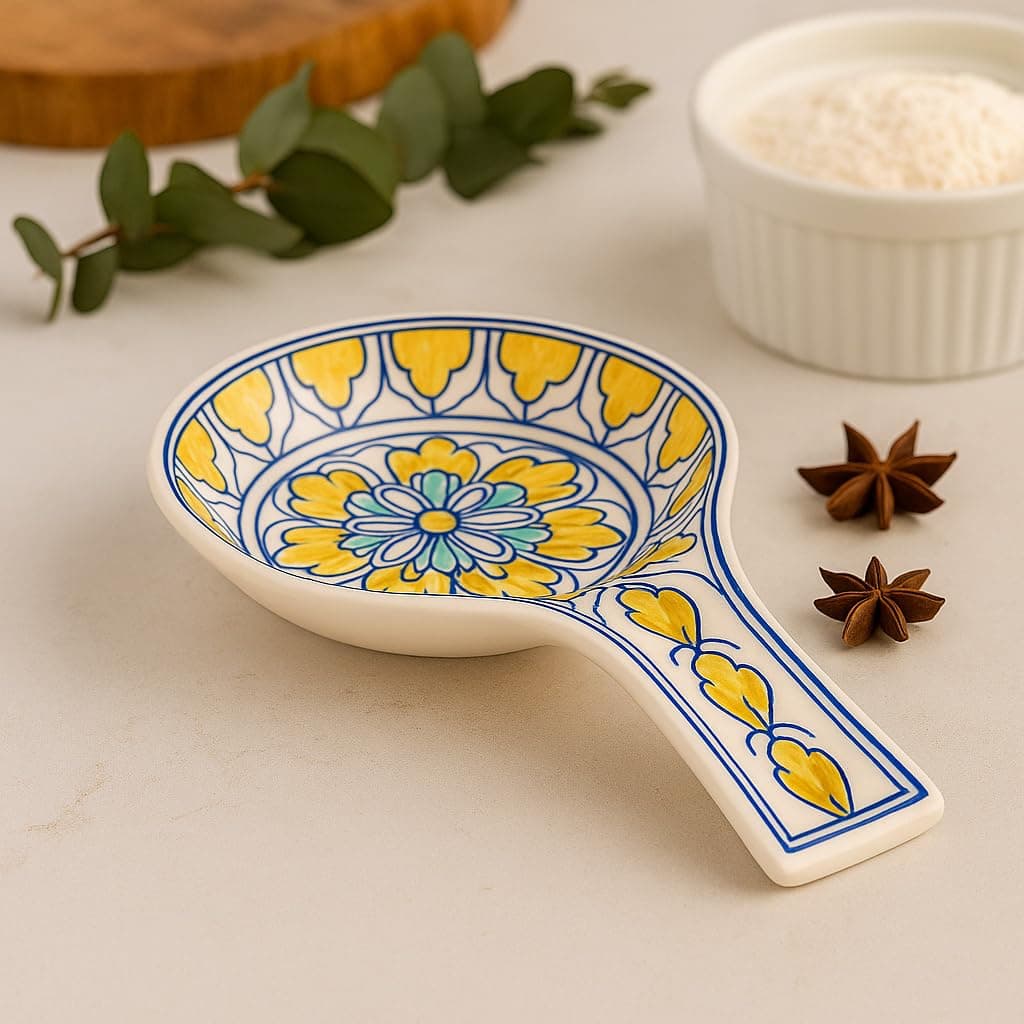 KITTENS Sunflower Azure Handpainted Ceramic Spoon Rest – Spoon Holder & Ladle Rest for Kitchen Counter – Yellow Blue Floral Design – Handcrafted in India – Microwave & Dishwasher Safe