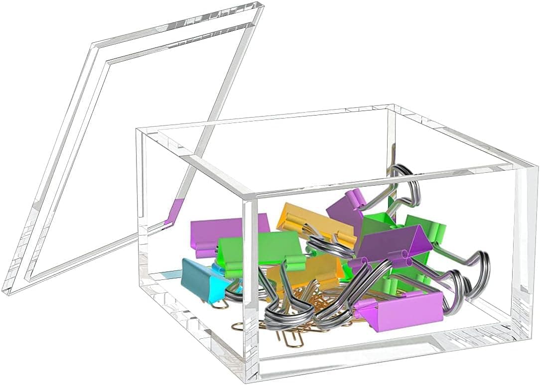 Fanassyy Small Acrylic Box with Lid, Clear Display Case, Multi-Purpose Square Box for Holding Staples, Highlighters, Adhesive Tape, Paper Clips, Stamps, Office or Home Display (Small)